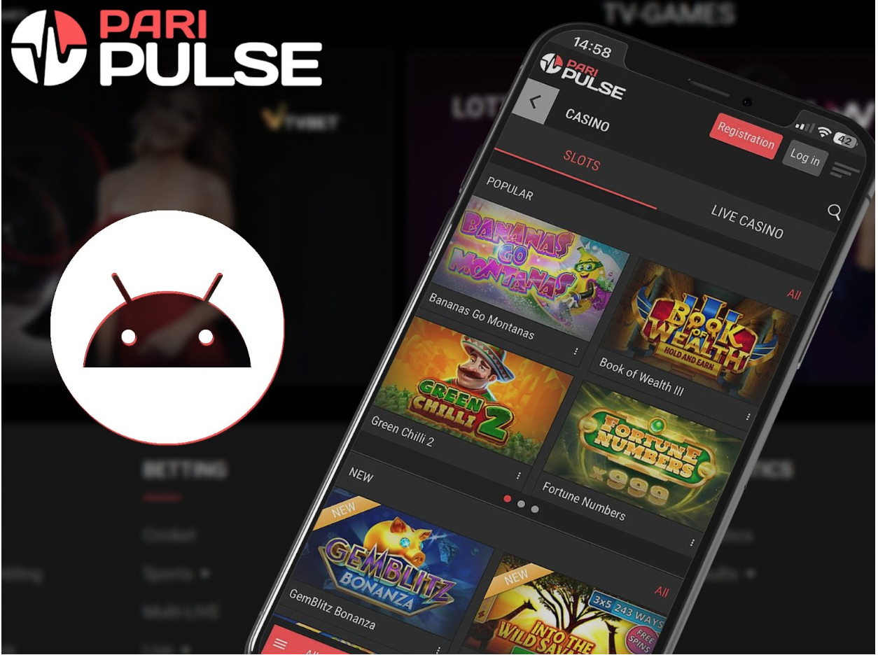 The supplied PariPulse Android screenshot with a white circular Android logo and a tilted phone displaying the dark slots lobby.