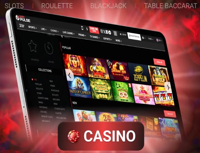 The supplied red-background PariPulse tablet screenshot showing slots, roulette, blackjack and table baccarat.