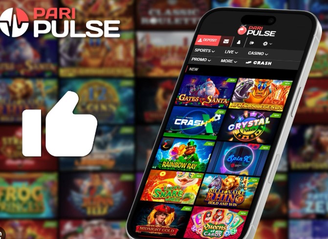 The supplied PariPulse reference showing a tilted smartphone with colourful casino tiles, the PariPulse logo and a white thumbs-up symbol.